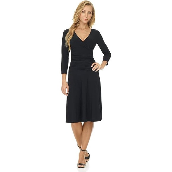 Rekucci Size 4 Slimming 3/4 Sleeve Fit-and-Flare Crossover Tummy Control Dress - Picture 1 of 10